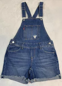 Levis Girls Denim Shortalls Short Bib Overalls Distressed Medium Wash Jeans 12 R - Picture 1 of 6