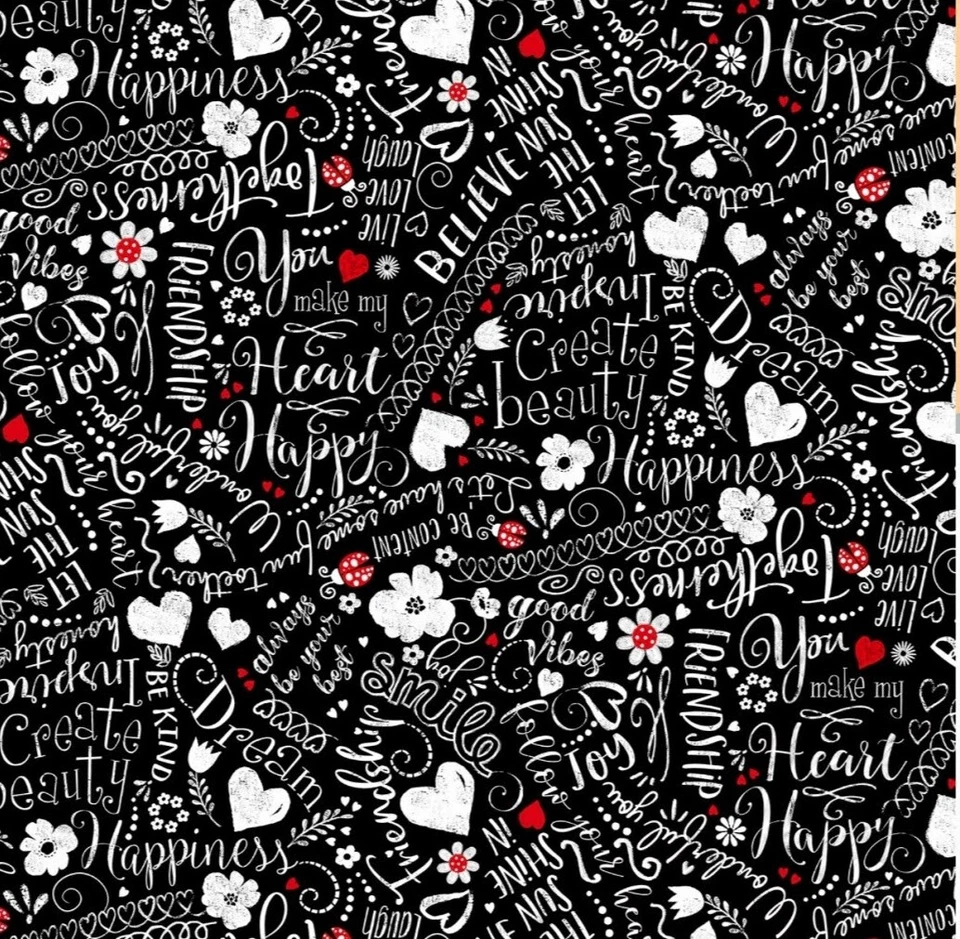 Tela Palabras Aliento Feliz Negro Tesoros atemporales Algodón 1/4 yarda C7741 Foto 1 de 4