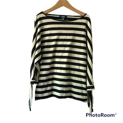 Chaps Striped Tie Sleeved Nautical Black and Cream Boatneck Top Size Womens M - Image 1 of 4