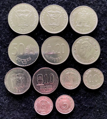 Ecuador 6 Coins Set 5, 10 Centavos , 1, 10, 20, 50 Sucres UNC World Coins Cover