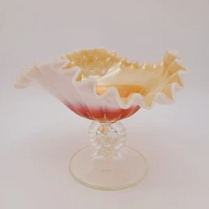 Dugan Peach Opal Ruffled Tri Corner Footed Compote Bowl Antique - Imagen 1 de 5