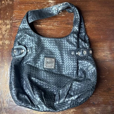 Vintage Guess Black Woven Faux Leather Hobo Shoulder Bag With Metal Logo Plate & - Image 1 of 4