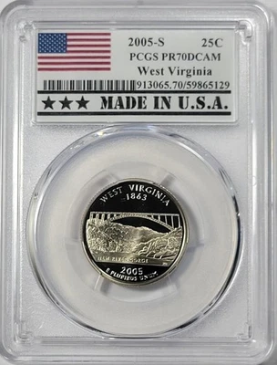 2005-S Clad Wash. Quarter - West Virginia - PCGS PR70DCAM - Made in U.S.A. Label - Image 1 of 2