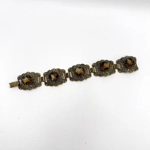 Vintage Filigree Bracelet Tigers Eye Glass Cabochon Antique Bronze Tone 7” Link - Picture 1 of 12