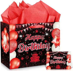 Red Birthday Gift Bag, Large Red Black Happy Birthday Gift Bag with Greeting Car - Picture 1 of 7