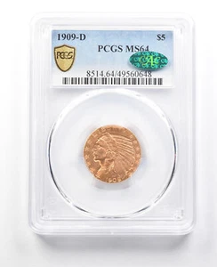 1909-D $5 Indian Head Gold Half Eagle MS64 PCGS CAC PQ *3041 - Picture 1 of 3