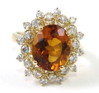 Anillo solitario ovalado naranja citrino y halo de diamantes oro amarillo de 14 quilates 4,57 quilates TALLA 10 Foto 1 de 4