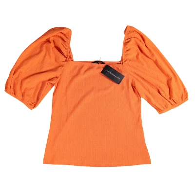 Kaleidoscope Top Size UK 14 Orange Puff Sleeve Square Neck Crepe Love Mark Heyes - Image 1 of 4