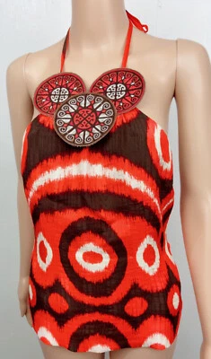 Tory Burch Retro Circles Orange Multi Silk Tie Neck Open  Tank Top Blouse Size 2 - Image 1 of 4