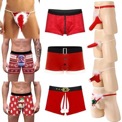 US Men's Velvet Red Christmas Santa Claus Thongs Bikini Briefs Underwear Costume - Image 1 of 2