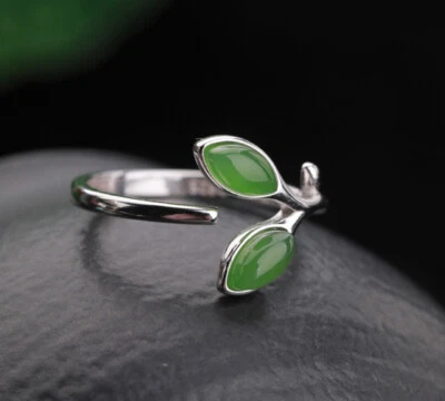 C10 Anello Ramoscello Con Foglia Di Verde Giada Argento Sterling 925 Regolabile - Immagine 1 di 4