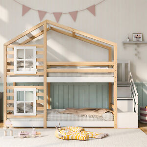 Etagenbett Kinderbett Hochbett 90x200 cm Bett Treppe mit 3 Schubladen Lattenrost