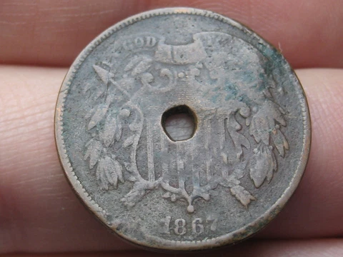 1867 Two 2 Cent Piece- VG Details, Holed Through Center Cover