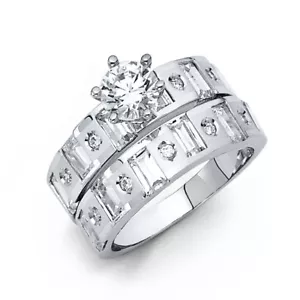 Womens 14k White Gold Baguette Round CZ Wedding Bridal Set Engagement Ring - Picture 1 of 1