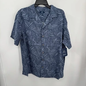 George Shirt Mens L Blue Palm Camp Button Up Linen Blend Aloha Hawallian Casual - Picture 1 of 7