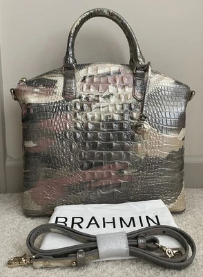 Bolso Cartera de Cuero BRAHMIN Melbourne Lg DUXBURY MUSE Marfil Gris Rosa Camuflaje Nuevo con Etiquetas Foto 1 de 4