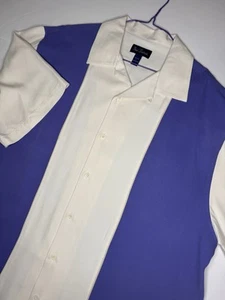 PAUL FREDRICK Mens L Ivory/Lavender Polo Collared Short Sleeve Button 100% Silk - Picture 1 of 7