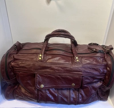 Red Leather Duffel Bag Carry On Travel Bag Satchel Weekender 22x11x12 - Image 1 of 4