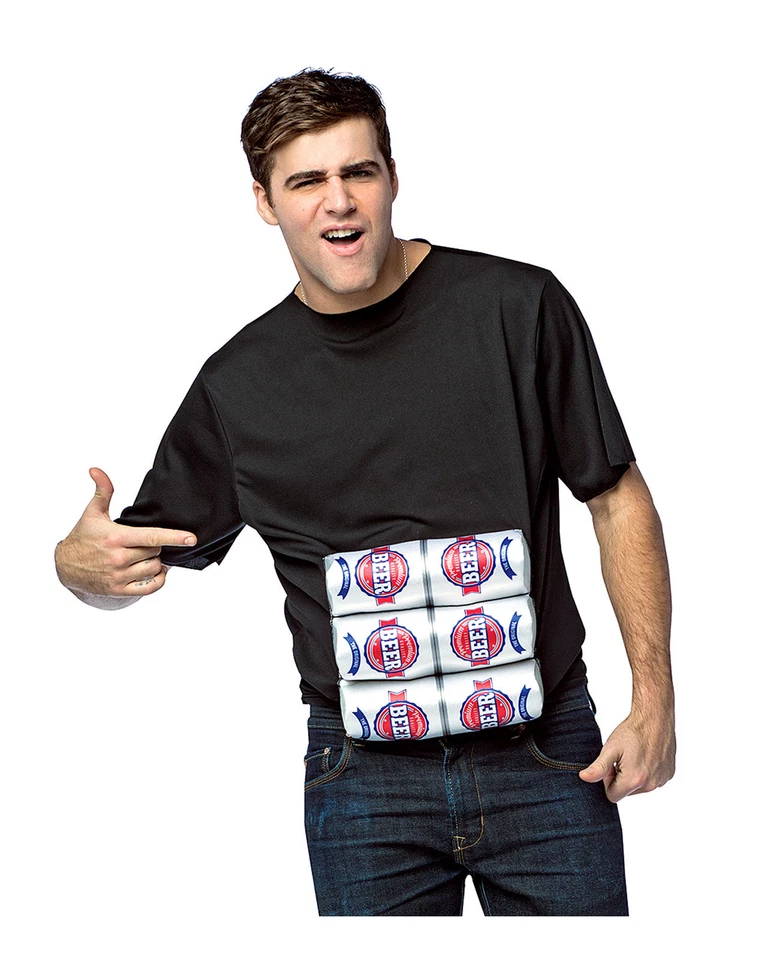 Six Pack ABS Halloween Costume Stuffed 3d Beer Cans 6pk Shirt Adult One Size