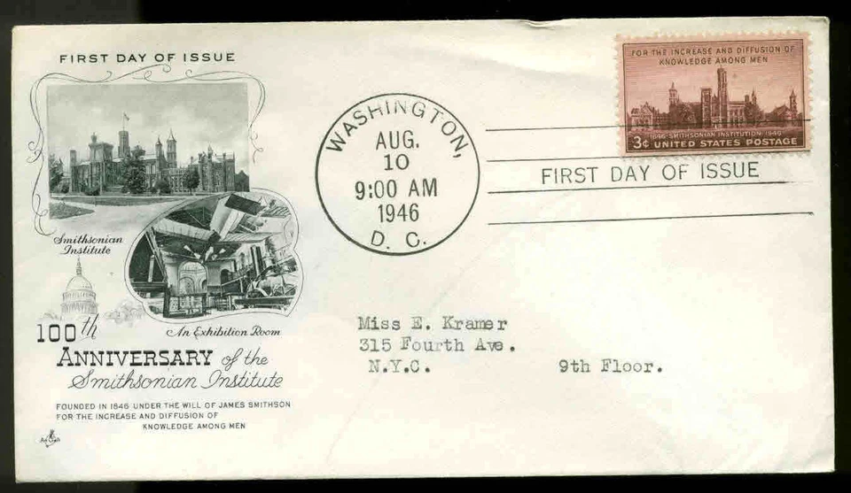 943 SMITHSONIAN FDC WASHINGTON, DC ARTCRAFT CACHET HAND CANCEL - Image 1 of 1