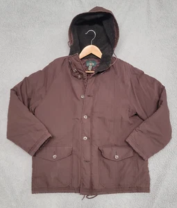Vintage J.Crew Jacket Mens Large Brown Oarsman Hooded Parka Quilt Lined Buttoned - Picture 1 of 10