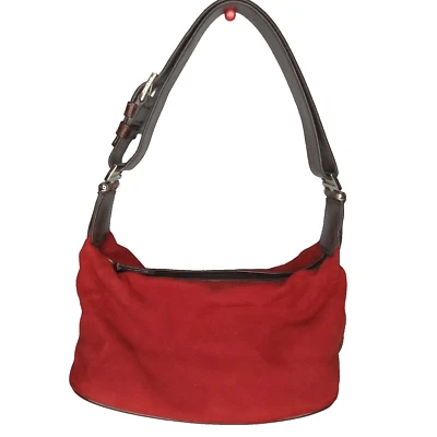 Cole Haan Red Suede Handbag Hobo Purse Brown Leather Strap Buckle Small Bag - Image 1 of 4