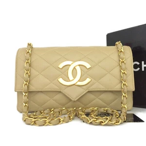 CHANEL Quilted Matelasse CC Logo Lambskin Chain Shoulder Bag Beige/2BA4482 - Picture 1 of 12