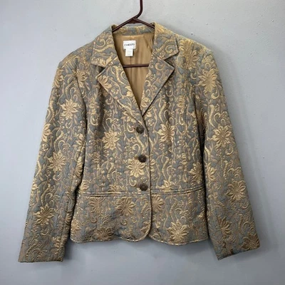 Chaqueta Blazer Chicos Brocado 2 L Azul Tostado Dorado Floral Enredaderas Botones Elegante Foto 1 de 4