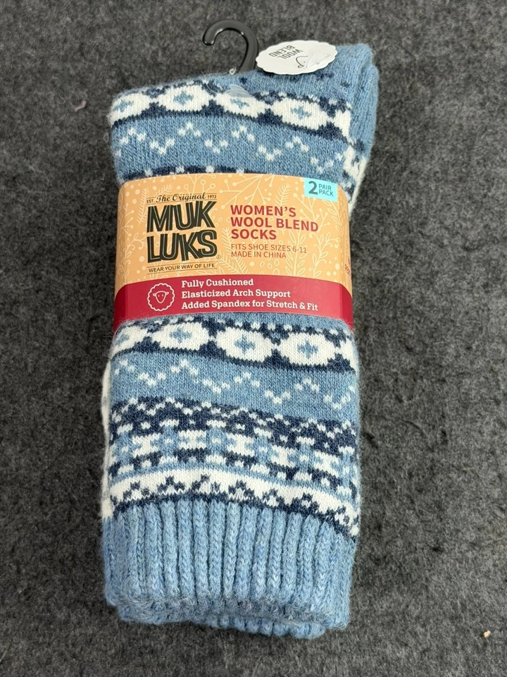 Meias femininas Muk Luks mistura de lã tripulação 2 pares sapato tamanho 6-11 totalmente acolchoado - Imagem 1 de 3