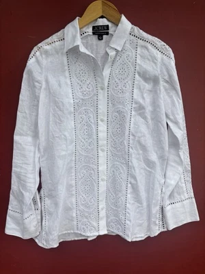 J Crew Shirt 4 White Embroidered Linen Garçon Button Down Blouse Classic Fit Top - Image 1 of 4