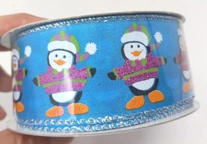 New Whimsical Christmas Ribbon Cute Penquin Colorful Made Taiwan 1.5" Wide 25 ft - Picture 1 of 5
