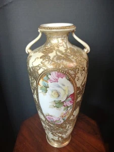Antique Morimura Gumi Porcelain Gold Leaf Floral Vase 13" Handles Roses  Wow!  - Picture 1 of 8