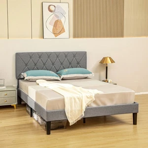 HOMCOM King Size Bed Frame with 5-Level Adjustable Linen Headboard - Picture 1 of 11