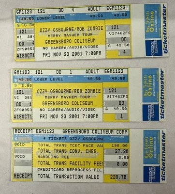 Lot Of 2 Vintage Ozzy Osbourne Concert Ticket Stubs 2001 Greensboro W/Rob Zombie - Image 1 of 4