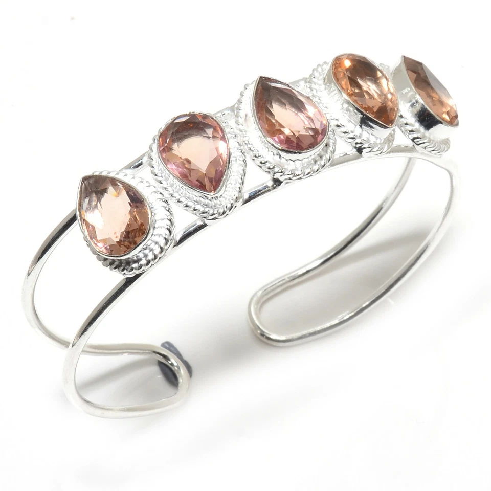 Brazalete de joyería de plata de ley 925 hecho a mano con piedras preciosas de morganita melocotón tamaño 7-8" Foto 1 de 1