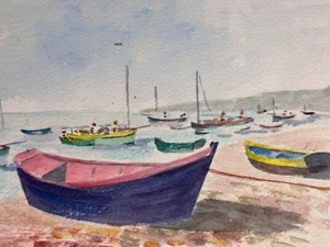 Vintage Watercolor Gabrielle Bellocq Circa 1960 Boats Port Brittany Normandy - Picture 1 of 4