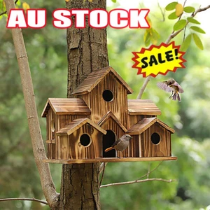 Outside Wooden Bird Houses Hanging 6 Hole Handmade Natural Bird House RH - Picture 1 of 10