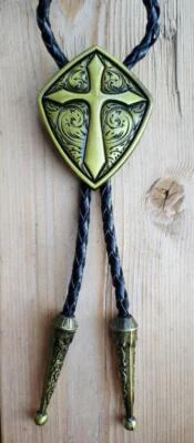 NEW CROSS CHRISTIAN BRONZE RELIGIOUS FAITH RODEO WESTERN COWBOY BOLO TIE - Image 1 of 3