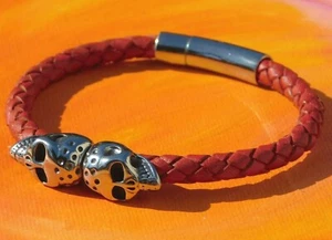 Twin Skull Red Braided leather and stainless steel bracelet, by Lyme Bay Art - Picture 1 of 4