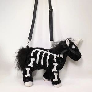 Skeleton Unicorn Crossbody Handbag S Black Plush Fuzzy Furry Zip Pouch Adjust - Picture 1 of 12