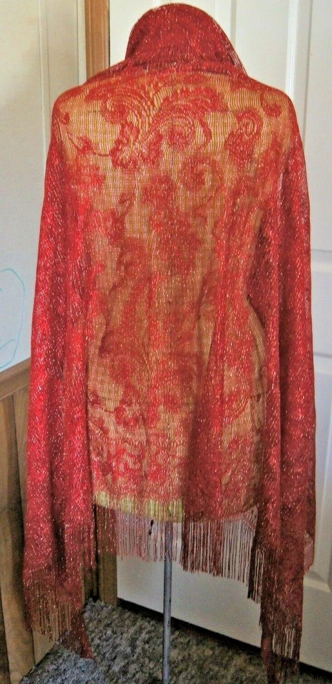 Dark Red Lacy w/Gold Sheen Prayer Shawl Scarf Fabric Over 1 Yard  48" X 70" - Image 1 of 4