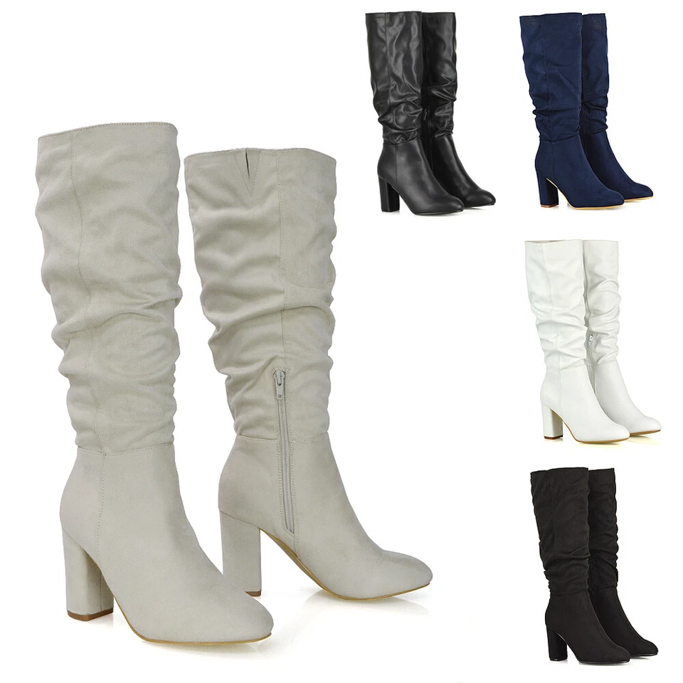 Womens Block High Heel Boots Ladies Mid Calf Knee High Rouched Winter Boots Size - image 1 of 1