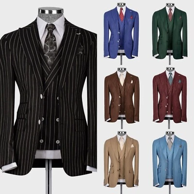 Striped Men's Suits 3 Pcs Formal Wedding Business Tuxedos Men Pant Vest Blazers - Image 1 of 4