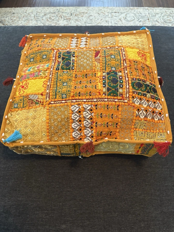 橙色方形波西米亚印度拼布地板靠垫枕头仅手工制作 — 第 1/4 张图片