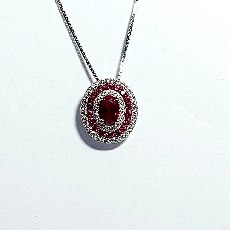 Collana Argento 925 Donna Ciondolo Gioiello Pendente Pietra Rosso Rubino Zirconi - Immagine 1 di 4