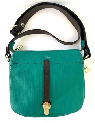 FURLA Teal Blue Leather Shoulder Crossbody Handbag Zipper Strap Italy Expandable - Image 1 of 4