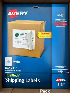 1 x AVERY 8165 Full-Sheet TrueBlock Shipping Labels, 8 1/2" x 11" White, Inkjet - Picture 1 of 2