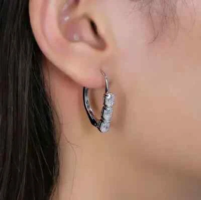 2Ct Oval Cut Lab Created Diamond 14k White Gold Plated Three Stone Hoop Earrings - Image 1 of 4