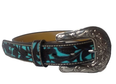 Cinturón Ariat Mujer Talla 26 Western Tooled Reciclado Marrón Azul Corte Piedra Ropa de Rancho Foto 1 de 4