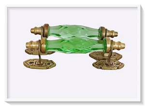 2 Pcs Vntg Look Brass Victorian Green Cut Glass  Pull Push Door Drawer Handle 4" - Picture 1 of 6